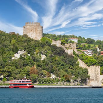 Ruins of Rumelihisari, Bogazkesen Castle, or Rumelian Castle, in a summer day, located at the hills of the European side of Bosphorus Strait, Istanbul, Turkey, built by Ottoman Sultan Mehmet II