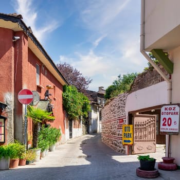 Cobblestone alley, with beautiful old traditional stone houses on one side, and car parking on the other side, suited in Anadolu Kavagi district, Istanbul, Turkey, in a summer day
