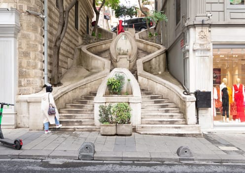 Kamondo Stairs, a famous pedestrian stairway leading to Galata Tower, built around 1870, located on Banks Street in Galata, Karakoy district of Istanbul, Turkey