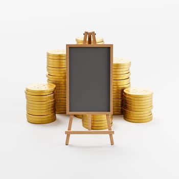 Blank Vertical Chalkboard ahead of Stacks of Golden Coins on Light Gray Background 3D Render Illustration, Financial Education