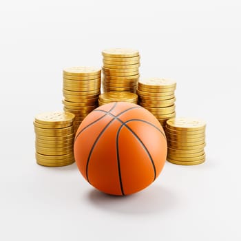 Basketball Ball ahead of Stacks of Golden Coins on Light Gray Background 3D Render Illustration