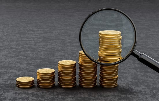Rising Heaps of Golden Coins on Dark Background with Magnifier Glass 3D Render Illustration, Savings Goal Concept