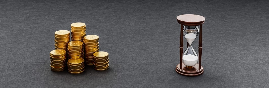 Heaps of Coins and Hourglass on Dark Background 3D Render Illustration, Money and Time Comparison Concept