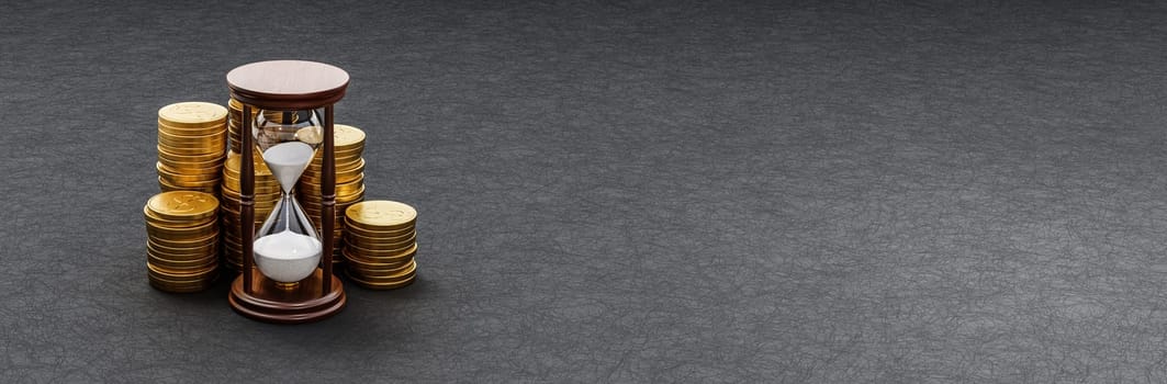 Hourglass ahead of Stacks of Golden Coins on Dark Background with Copy Space 3D Render Illustration