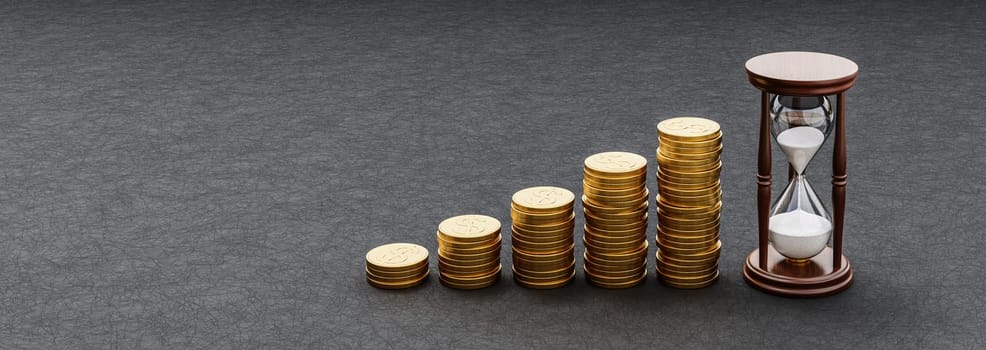 Rising Heaps of Golden Coins on Dark Background with Classic Wooden Hourglass 3D Render Illustration with Copy Space, Investment Concept