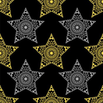 Gold and silver star seamless pattern with hand drawn chain. Perfect for wallpapers, web page backgrounds, surface textures, textile. Isolated on black background.