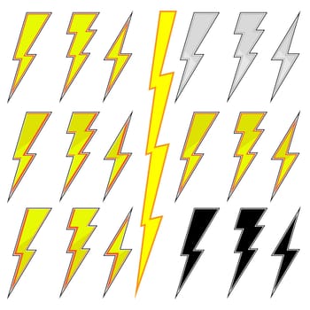 Set of Different Lightning Bolt Icons Isolated on White Background