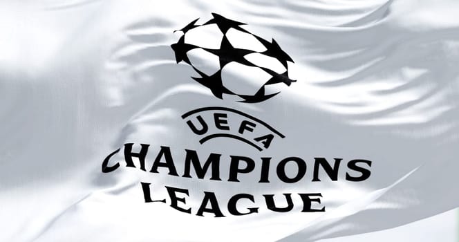 Istanbul TUR, July 2022: Close-up view of the UEFA Champions league flag waving. Champion League is the most prestigious club competition in European football. Fabric textured background.