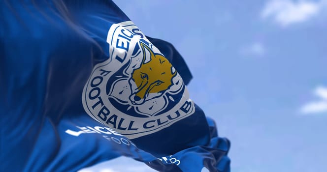 Leicester, UK, October 2022: Close-up view of the Leicester City Football Club flag waving in the wind. Leicester City FC is an English football club based in the city of Leicester