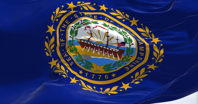 Close-up view of New Hampshire state flag waving. New Hampshire is a state in the New England region of the northeastern United States. Us state flag. 3D render