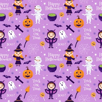 Halloween Seamless Pattern Design With Witch, Haunted House, Pumpkins or Bats in Template Hand Drawn Cartoon Flat Illustration