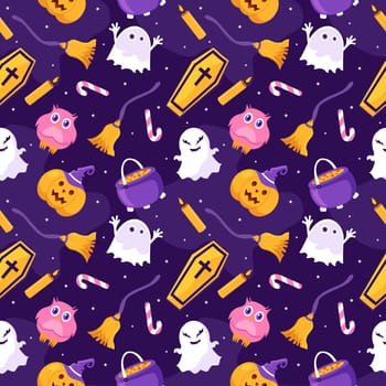 Halloween Seamless Pattern Design With Witch, Haunted House, Pumpkins or Bats in Template Hand Drawn Cartoon Flat Illustration