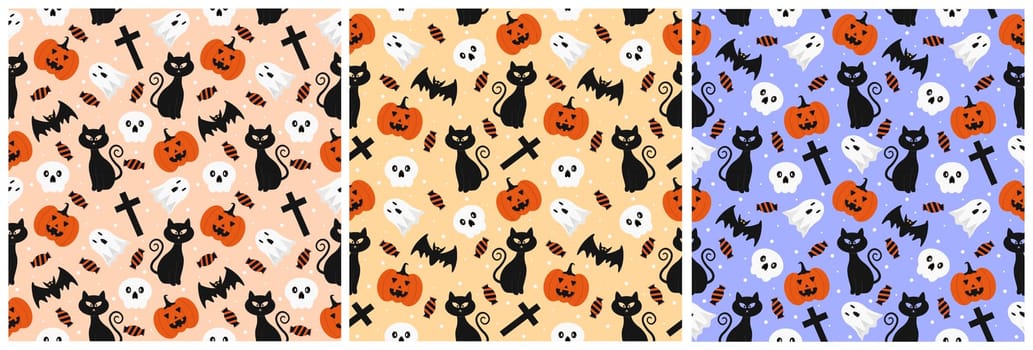 Set of Halloween Seamless Pattern Design With Witch, Haunted House, Pumpkins or Bats in Template Hand Drawn Cartoon Flat Illustration