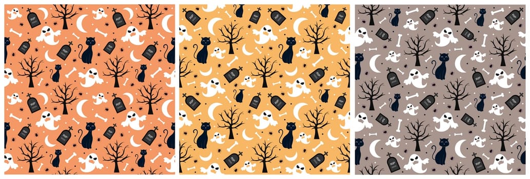 Set of Halloween Seamless Pattern Design With Witch, Haunted House, Pumpkins or Bats in Template Hand Drawn Cartoon Flat Illustration