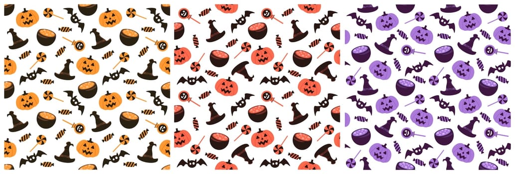 Set of Halloween Seamless Pattern Design With Witch, Haunted House, Pumpkins or Bats in Template Hand Drawn Cartoon Flat Illustration