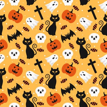 Halloween Seamless Pattern Design With Witch, Haunted House, Pumpkins or Bats in Template Hand Drawn Cartoon Flat Illustration