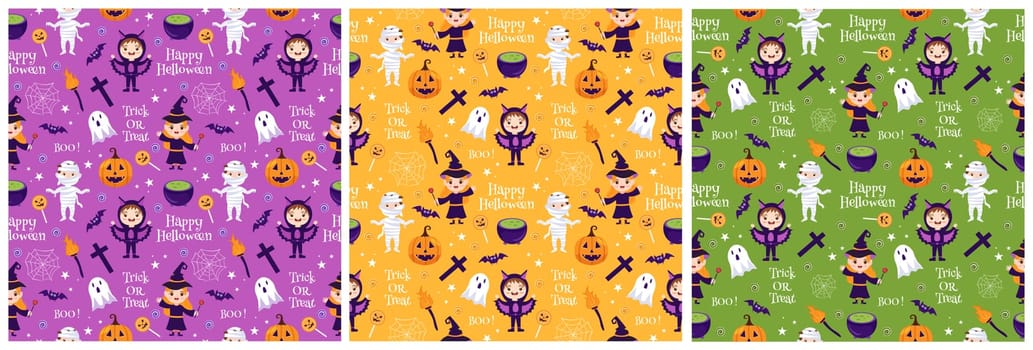 Set of Halloween Seamless Pattern Design With Witch, Haunted House, Pumpkins or Bats in Template Hand Drawn Cartoon Flat Illustration