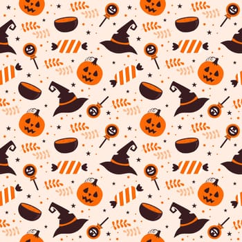 Halloween Seamless Pattern Design With Witch, Haunted House, Pumpkins or Bats in Template Hand Drawn Cartoon Flat Illustration