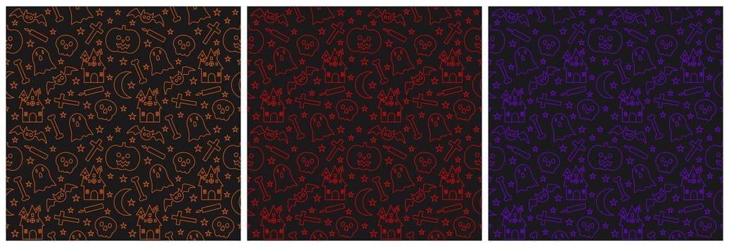 Set of Halloween Seamless Pattern Design With Witch, Haunted House, Pumpkins or Bats in Template Hand Drawn Cartoon Flat Illustration