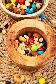 Set of nuts, almonds, cashews and raisins.