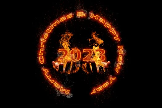 3D illustration New Year concept 2023 design with text fire design on the fire was burning hands.
