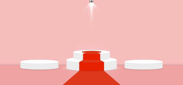 Rose Quartz color abstract with stage podium and lighting display platform, modern studio, wall scene fashion, stage podium scene with for Award Ceremony and colorful presentation simple art spotlight summer banner. 3D rendering.