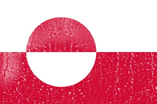 3D Flag of Greenland on a glass with water drop background.