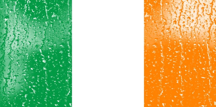3D Flag of Ireland on a glass with water drop background.
