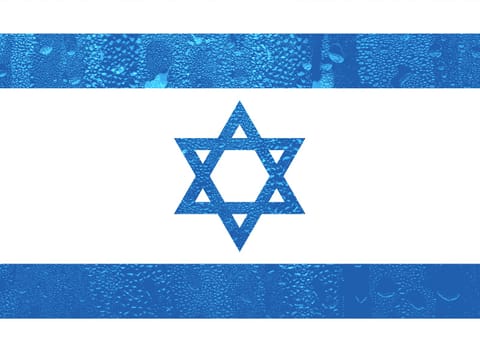 3D Flag of Israel on a glass with water drop background.