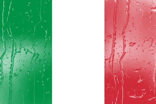 3D Flag of Italy on a glass with water drop background.
