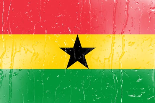 3D Flag of Ghana on a glass with water drop background.