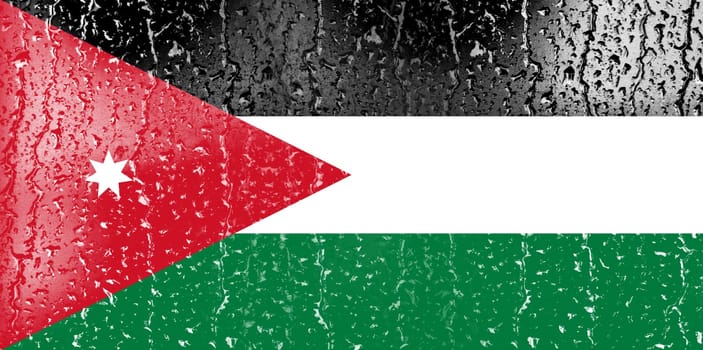 3D Flag of Jordan on a glass with water drop background.