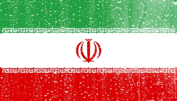 3D Flag of Iran on a glass with water drop background.