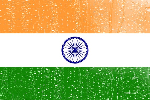 3D Flag of India on a glass with water drop background.