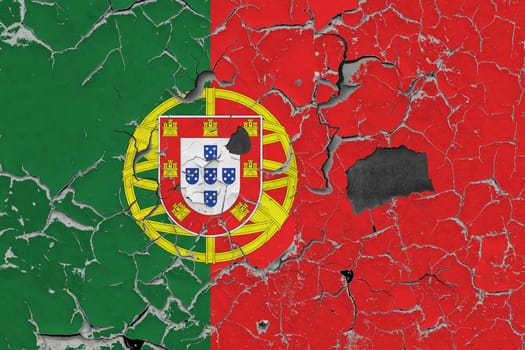 3D Flag of Portugal on an old stone wall background.