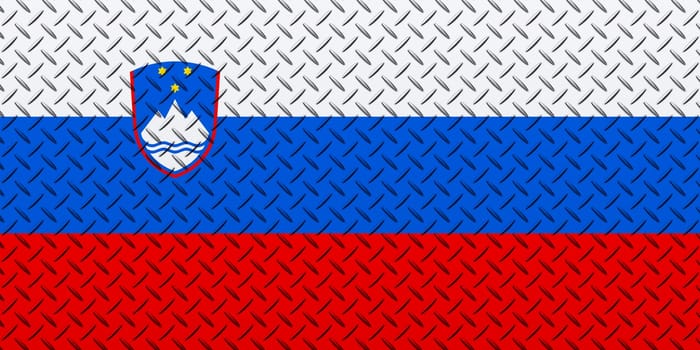 3D Flag of Slovenia on a metal wall background.