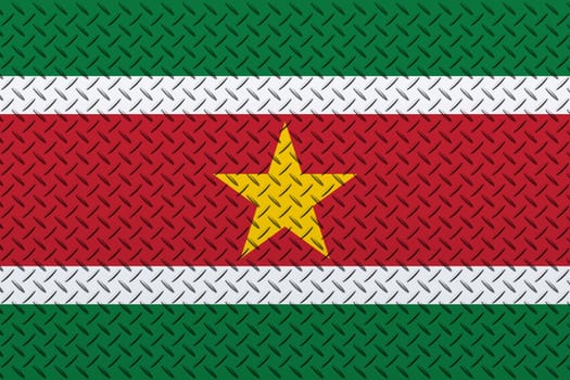 3D Flag of Suriname on a metal wall background.