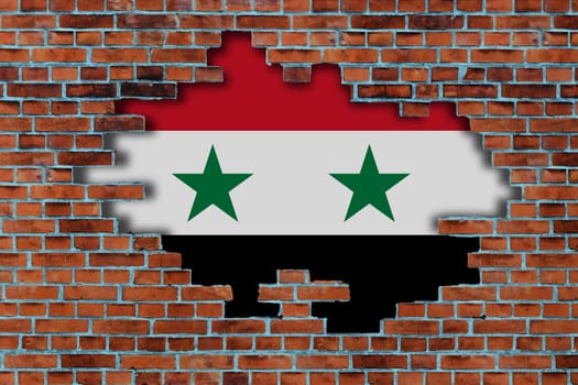 3D Flag of Syria behind the broken old stone wall background.