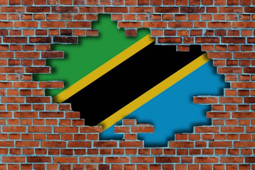 3D Flag of Tanzania behind the broken old stone wall background.