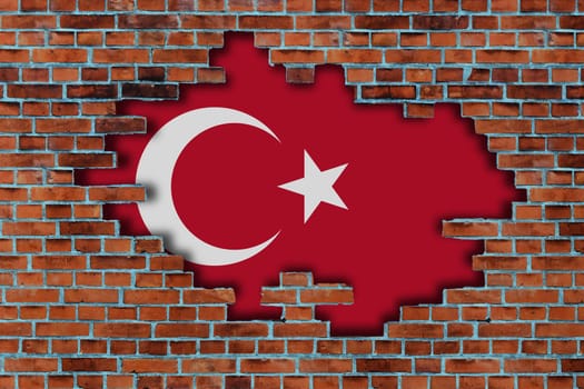 3D Flag of Turkiye behind the broken old stone wall background.