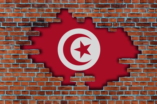 3D Flag of Tunisia behind the broken old stone wall background.