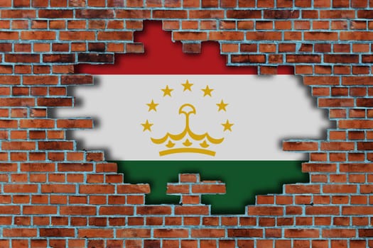 3D Flag of Tajikistan behind the broken old stone wall background.