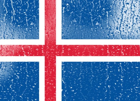 3D Flag of Iceland on a glass with water drop background.