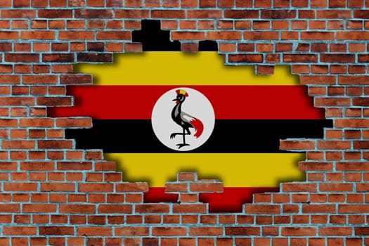 3D Flag of Uganda behind the broken old stone wall background.