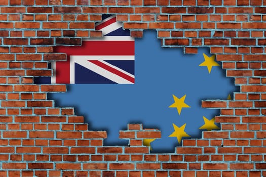 3D Flag of Tuvalu behind the broken old stone wall background.