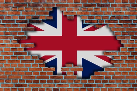 3D Flag of United Kingdom behind the broken old stone wall background.
