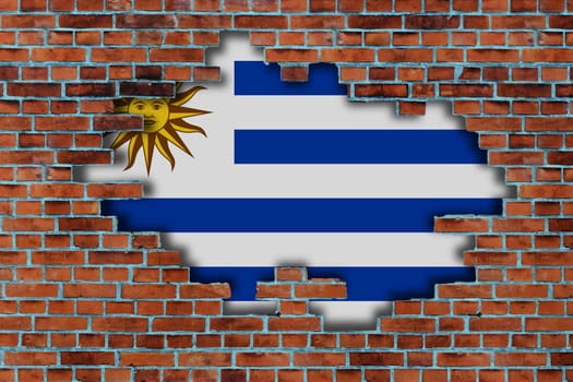 3D Flag of Uruguay behind the broken old stone wall background.