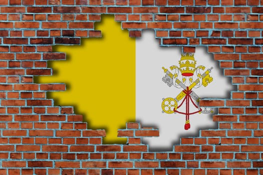 3D Flag of Vatican City behind the broken old stone wall background.