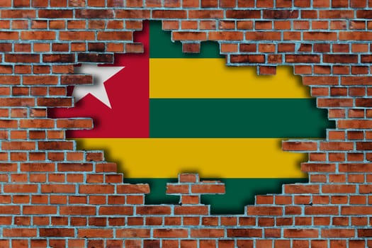 3D Flag of Togo behind the broken old stone wall background.