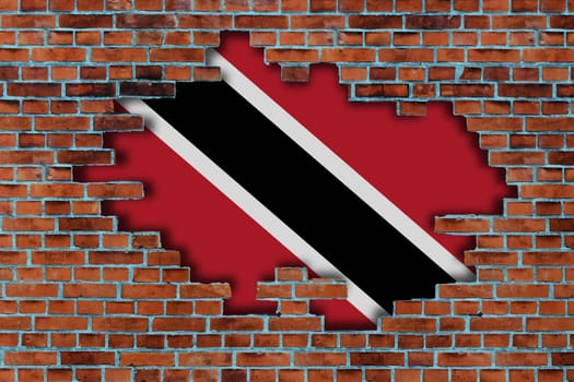 3D Flag of Trinidad and Tobago behind the broken old stone wall background.